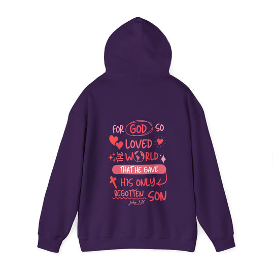 A cozy John 3:16 Hoodie, featuring red text on a purple background. Unisex, heavy blend sweatshirt with kangaroo pocket and matching drawstring. Perfect for chilly days.
