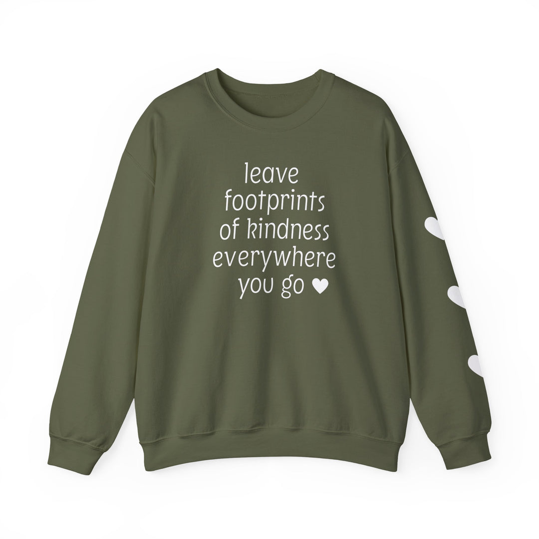 Footprints of Kindness Crew: Olive-green sweatshirt with white text and heart icons, offering cozy comfort with a ribbed crewneck and durable stitching.