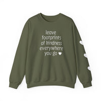 Footprints of Kindness Crew: Olive-green sweatshirt with white text and heart icons, offering cozy comfort with a ribbed crewneck and durable stitching.