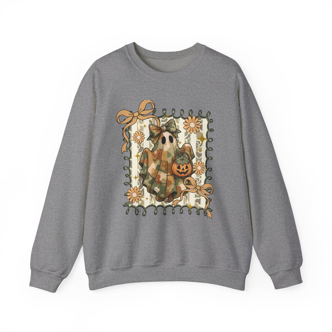 Quilted Ghost Crew: Heather-gray sweatshirt with camo ghost holding a jack-o’-lantern, surrounded by autumnal leafy border with orange bows and daisies. Cozy, durable fabric.