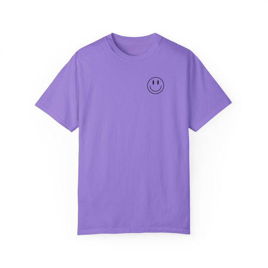 Relaxed fit God Day to Have a Good Day Tee, a purple t-shirt with a smiley face. 100% ring-spun cotton, garment-dyed for coziness, durable double-needle stitching, and seamless design for a tubular shape.