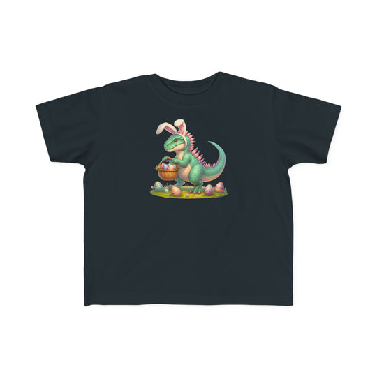 Eggosaurus Toddler Tee featuring a cartoon dinosaur with eggs, perfect for sensitive skin. 100% combed ringspun cotton, light fabric, tear-away label, classic fit. Ideal for first ventures. From Worlds Worst Tees.