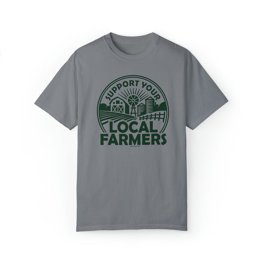 Unisex Support Your Local Farmer Tee, grey t-shirt with green logo, 80% ring-spun cotton, 20% polyester, relaxed fit, rolled-forward shoulder, back neck patch.