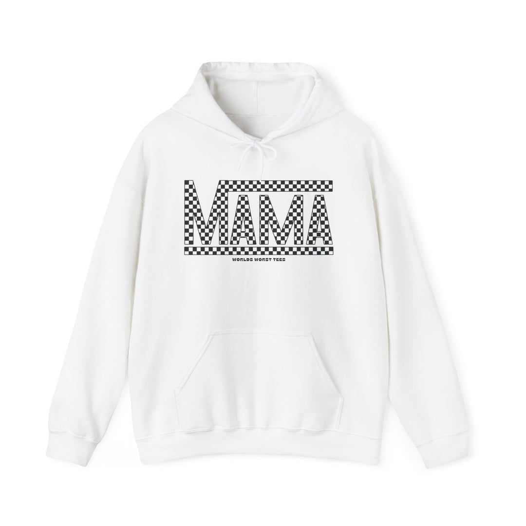 Unisex Vans Mama Hoodie: White sweatshirt with black and white text, kangaroo pocket, drawstring hood. Cotton-polyester blend, plush feel, no side seams, tear-away label, classic fit. Ideal for printing.