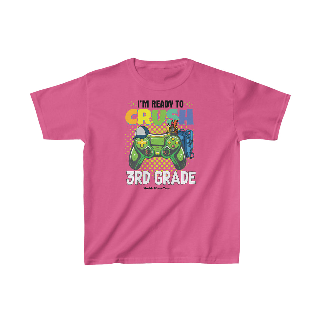 Pink tee with cartoon game controller, ideal for kids. 100% cotton, light fabric, tear-away label, classic fit. Perfect for printing, durable twill tape shoulders, curl-resistant collar. I'm Ready to Crush 3rd Grade Kids Tee from Worlds Worst Tees.