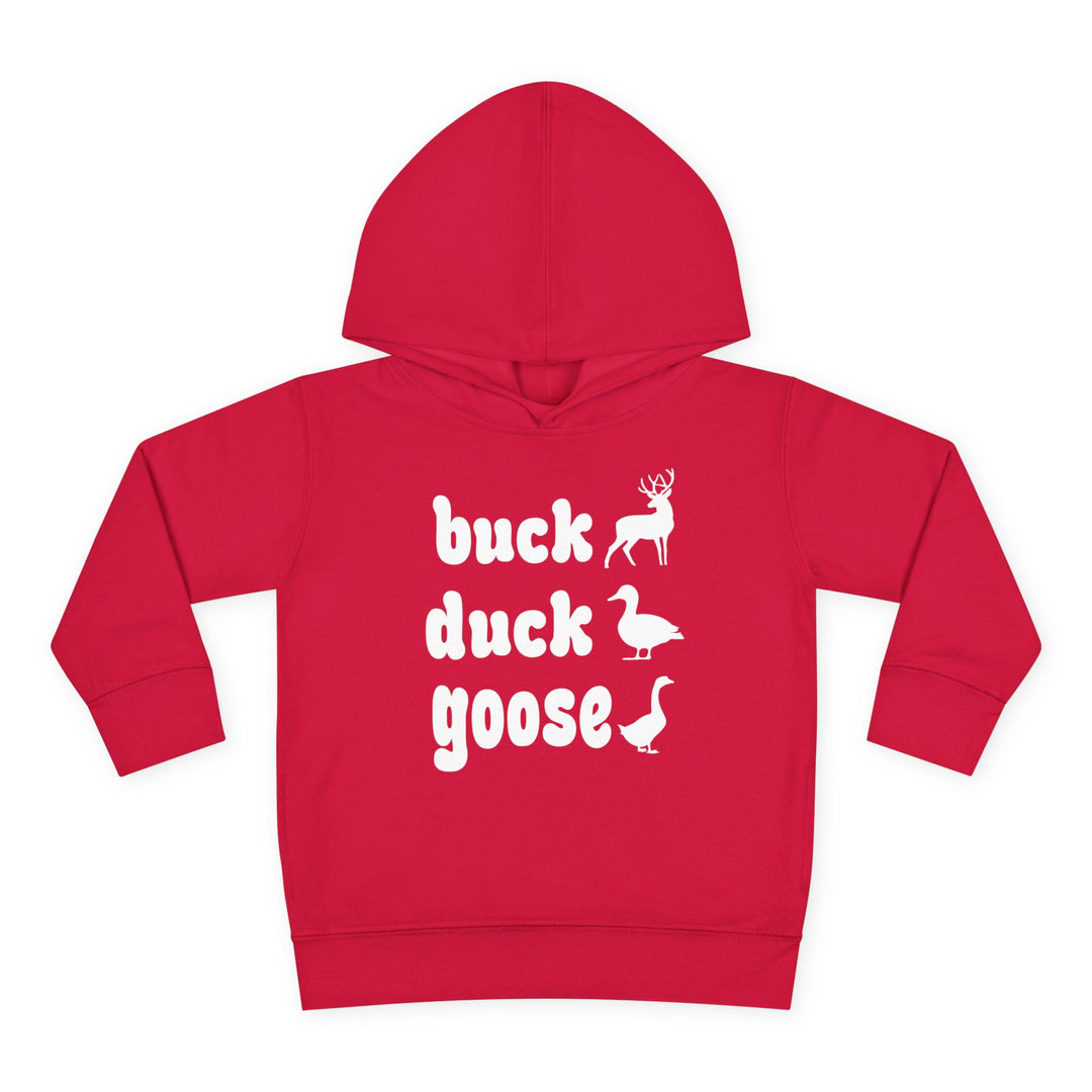 Buck, Duck, Goose, Toddler Hoodie featuring playful animal silhouettes with durable, cozy fabric. Perfect for kids who love a fun twist on classic games.