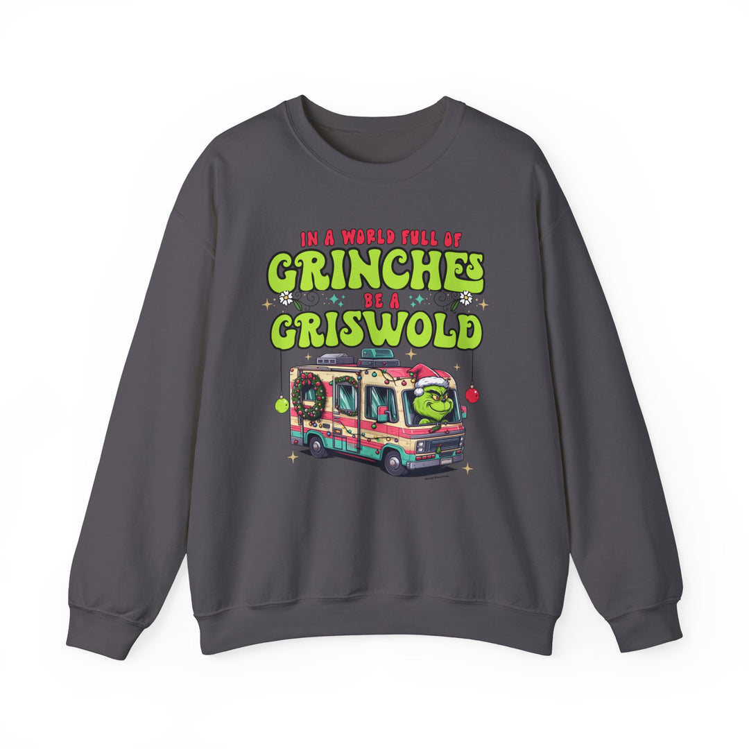 Unisex heavy blend crewneck sweatshirt featuring a cartoon image of a Grinch driving a camper. Comfortable, loose fit with ribbed knit collar. 50% cotton, 50% polyester, medium-heavy fabric. Sewn-in label.