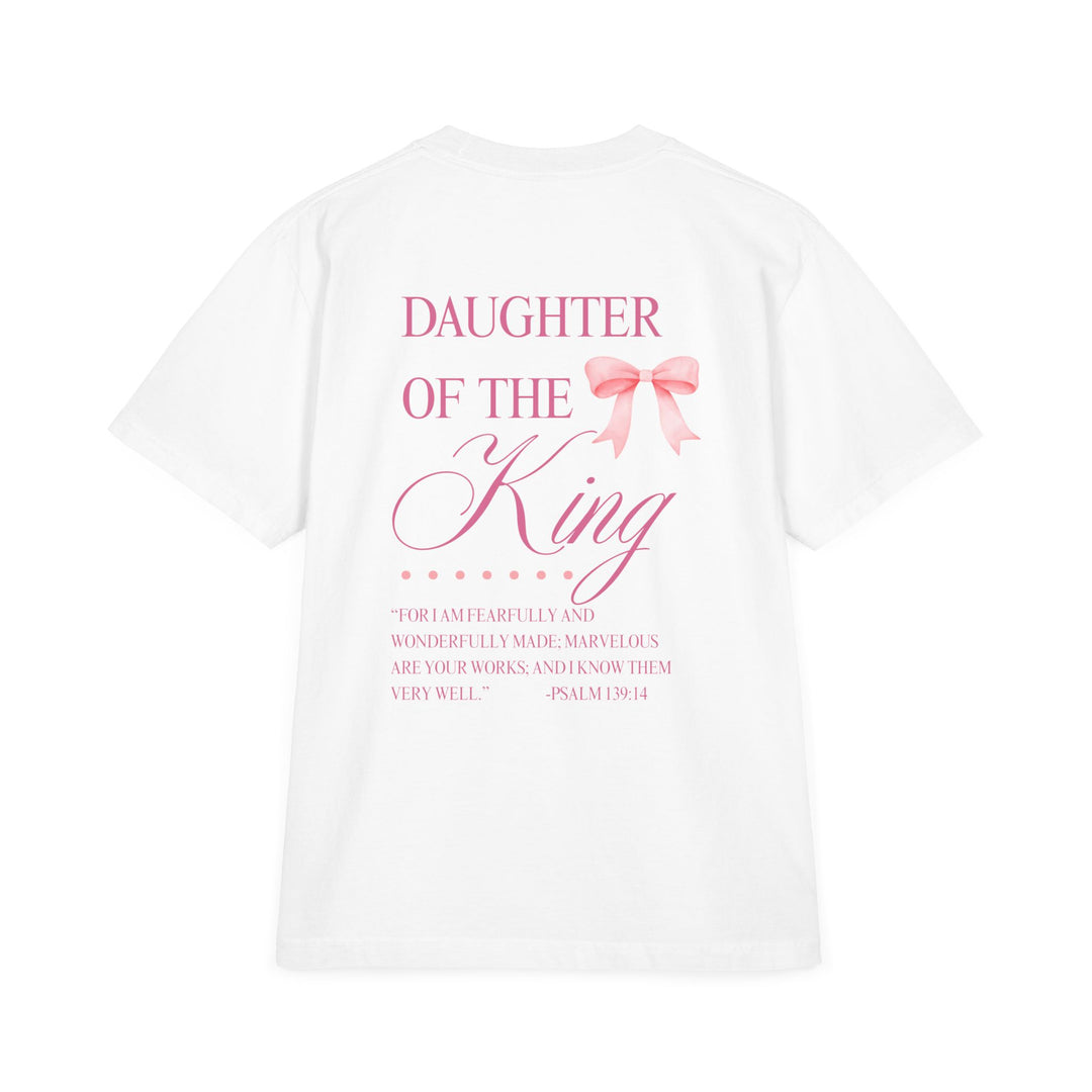 Daughter of the King Tee: Unisex garment-dyed, drop-shoulder t-shirt with vintage aesthetic, oversized fit, ribbed crew neck, and reinforced stitching for streetwear style.