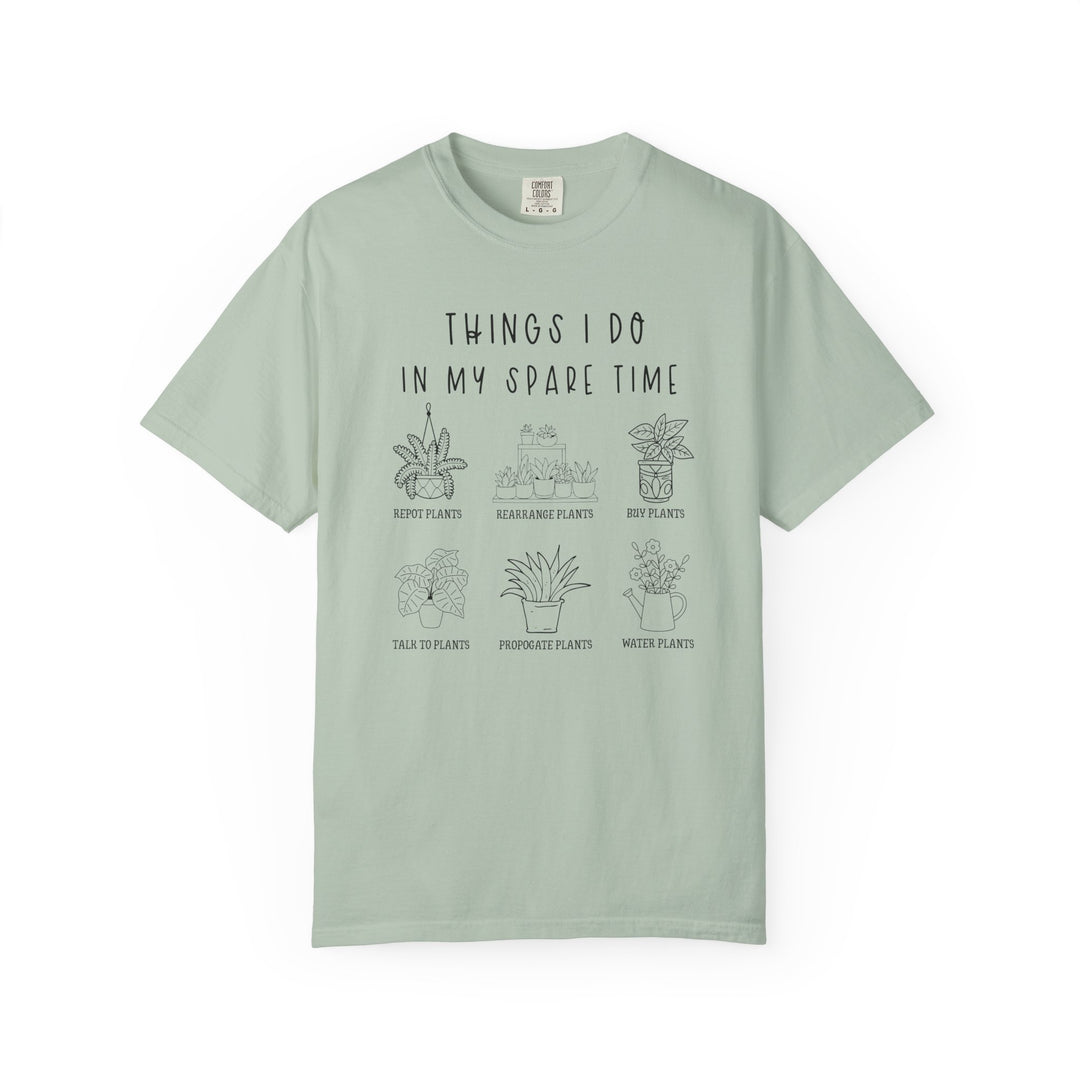 Plants Spare Time Tee featuring playful plant-care checklist icons, perfect for plant enthusiasts. Made from soft, durable ring-spun cotton for a cozy, relaxed fit.