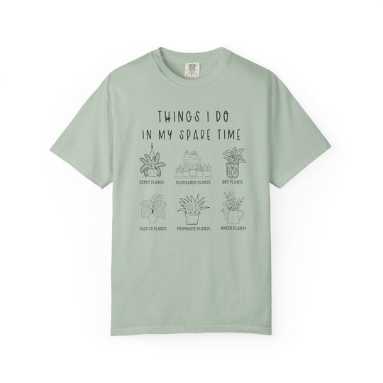 Plants Spare Time Tee featuring playful plant-care checklist icons, perfect for plant enthusiasts. Made from soft, durable ring-spun cotton for a cozy, relaxed fit.