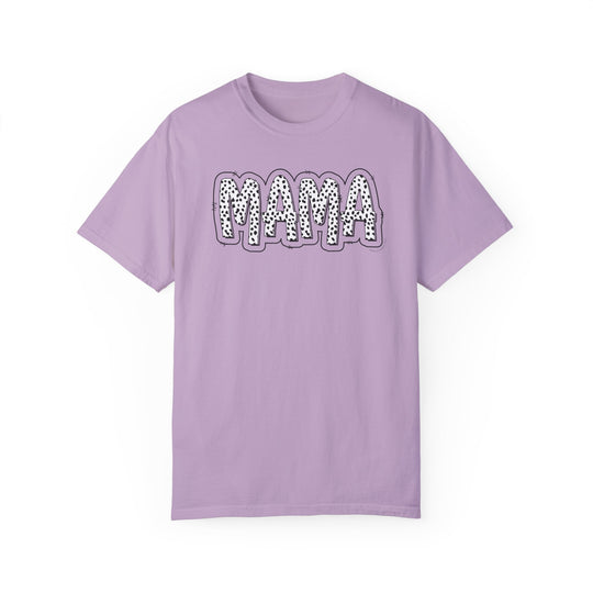A relaxed fit Mama Print Tee in purple, featuring a unique spotted design. Made of 100% ring-spun cotton for comfort and durability. Ideal for daily wear with double-needle stitching and no side-seams for a tubular shape.