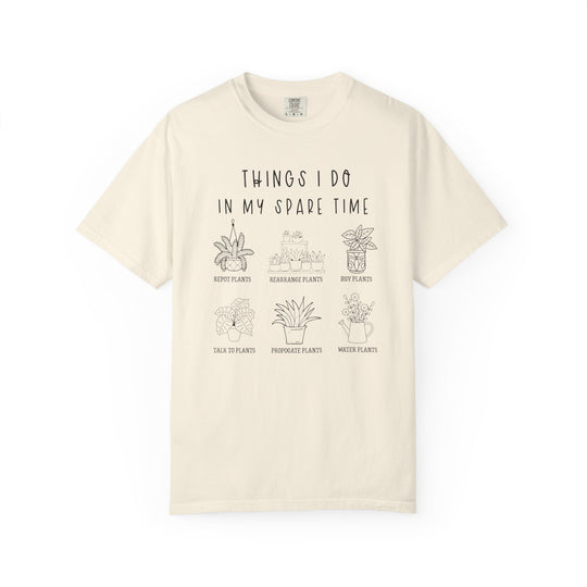 Plants Spare Time Tee featuring playful plant-obsession design with six potted plant icons and captions, perfect for gardening enthusiasts seeking a cozy, durable, and humorous graphic t-shirt.