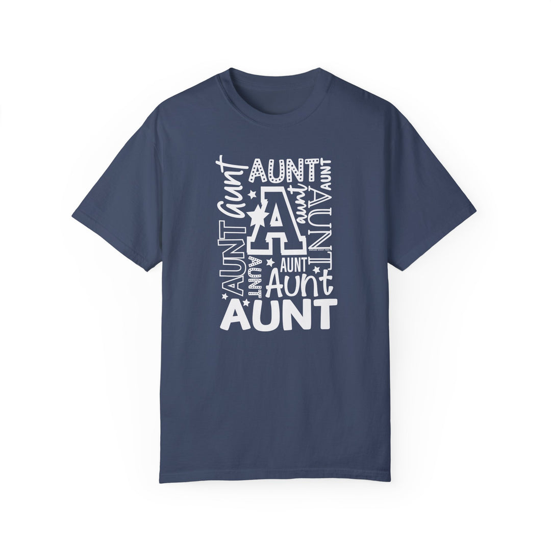 Aunt Tee: Garment-dyed ring-spun cotton t-shirt with a relaxed fit. Soft-washed fabric for coziness. Double-needle stitching for durability, no side-seams for shape retention. Medium weight.