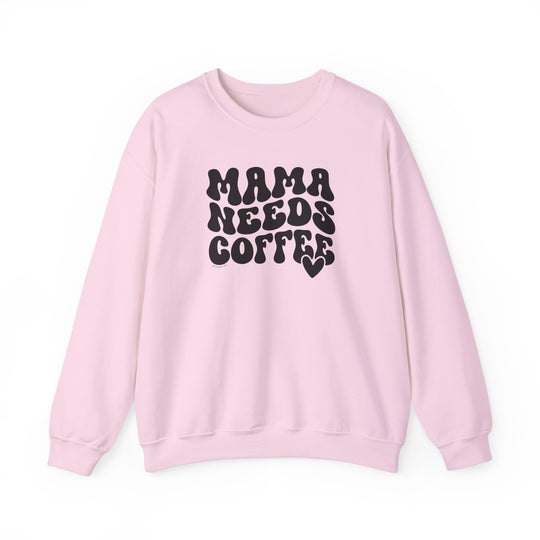Unisex Mama Needs Coffee Crew sweatshirt, cotton-polyester blend, ribbed knit collar, no itchy side seams. Medium-heavy fabric, loose fit, true to size. Ideal for comfort in any situation.