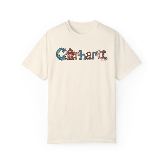 A relaxed fit Cowhartt Tee, a white t-shirt with a cartoon cow logo, crafted from 100% ring-spun cotton for durability and comfort. Ideal for daily wear with double-needle stitching and a seamless design.