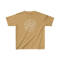 Rise and Shine Kids Tee: Tan t-shirt with white text, graphic design. 100% cotton, light fabric, classic fit, tear-away label, durable twill tape shoulders, ribbed collar, seamless sides. Sizes XS to XL.