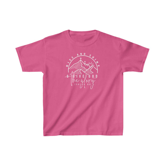 A pink Rise and Shine Kids Tee, featuring white text, a cross, and mountains. 100% cotton, light fabric, classic fit, tear-away label. Perfect for everyday wear. From Worlds Worst Tees.