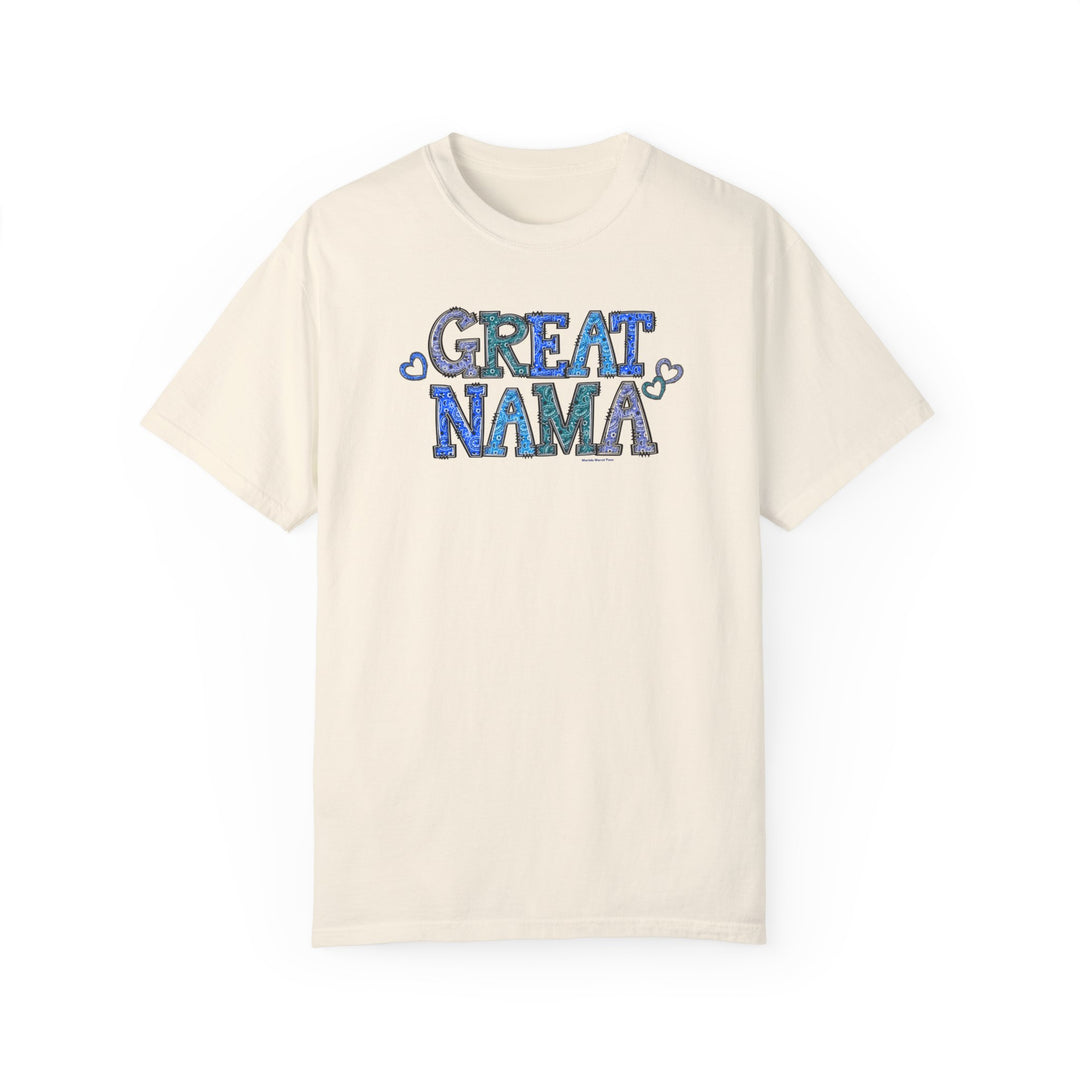 A relaxed fit Great Nama Tee, white with blue text, crafted from 100% ring-spun cotton. Soft-washed, double-needle stitched for durability, and seamless for a tubular shape. Ideal for daily wear.