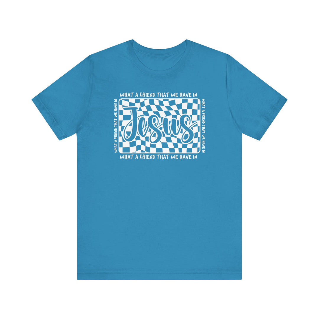 What A Friend We Have in Jesus Tee: Unisex short sleeve shirt with soft cotton, ribbed knit collars, and durable side seams for a comfortable, lasting fit.
