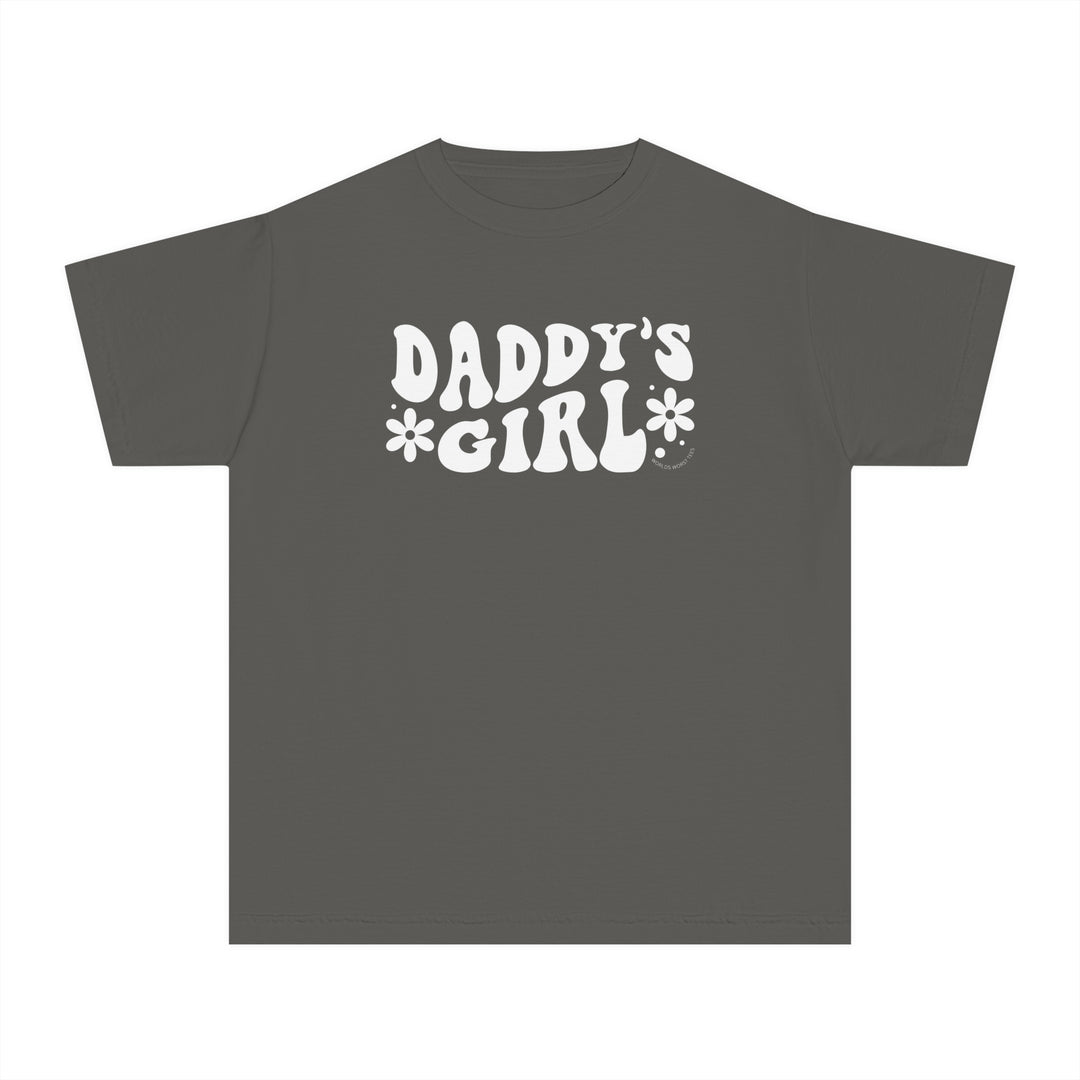 Kid's tee shirt with white text, designed for active days. Made of 100% combed ringspun cotton, soft-washed, and garment-dyed. Features a classic fit for all-day comfort. Sew-in twill label. Styled for Daddy's Girl Kids Tee.