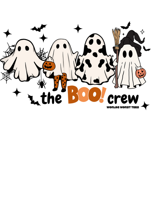 A whimsical Boo Crew Toddler Long Sleeve Tee featuring a group of cartoon ghosts, a broom, and a pumpkin. Made of 100% combed ringspun cotton, with a ribbed collar and EasyTear™ label for comfort and durability.