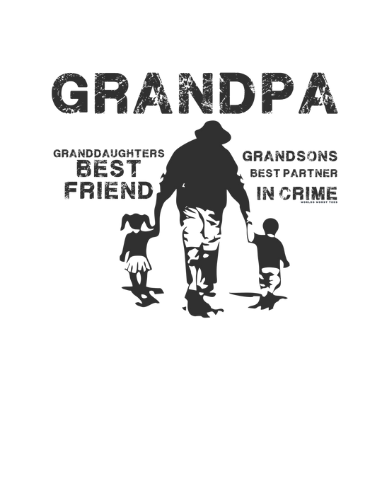 A black and white graphic tee featuring a man and two children holding hands, embodying family bonds. Grandpa and Grandkids Tee: 100% ring-spun cotton, medium weight, relaxed fit, durable double-needle stitching, seamless design.