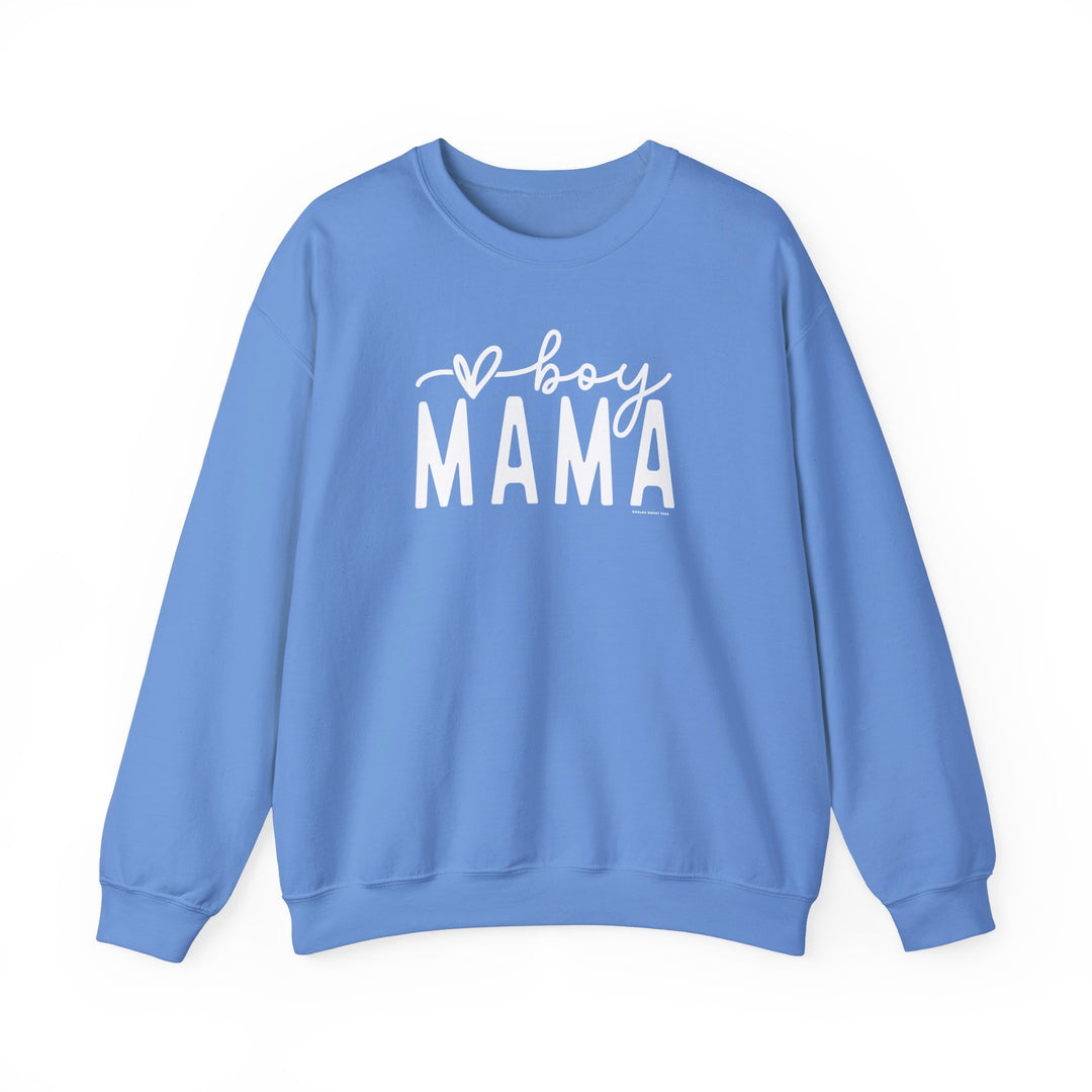A Boy Mama Crew unisex sweatshirt in blue with white text. Heavy blend fabric, ribbed knit collar, no itchy seams. 50% cotton, 50% polyester, loose fit, true to size.