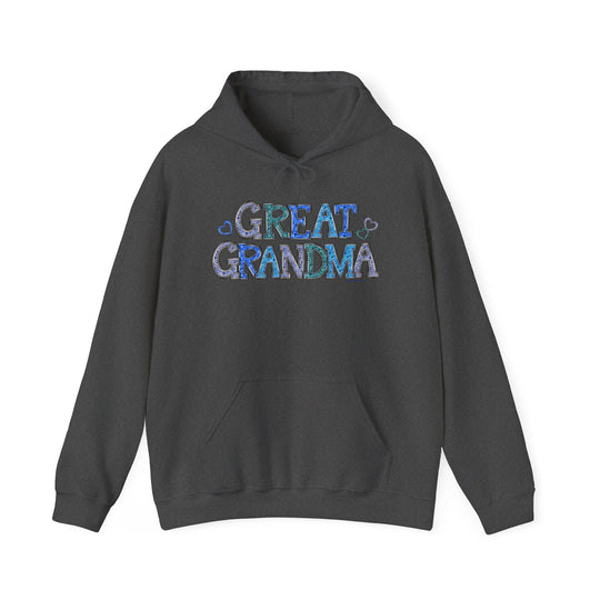 Great Grandma Hoodie: Unisex black sweatshirt with a grey hoodie and blue text. Thick cotton-polyester blend for warmth and comfort. Kangaroo pocket and matching drawstring. Classic fit, tear-away label.