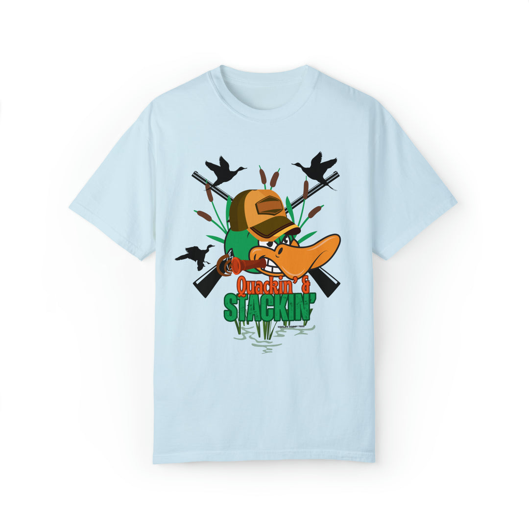 A white t-shirt featuring a duck with a hat and rifle, embodying the Quackin' and Stackin' Tee theme. Unisex, garment-dyed sweatshirt with 80% ring-spun cotton and 20% polyester, offering luxurious comfort and style.