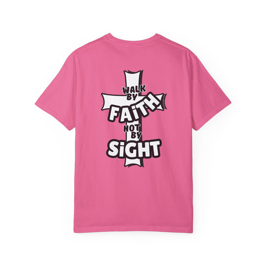 Relaxed fit Walk By Faith Not By Sight Tee in pink with a cross and text design. 100% ring-spun cotton, garment-dyed for extra coziness. Durable double-needle stitching, tubular shape.