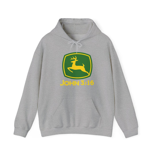 Light-gray John 3:16 Hoodie featuring a green-and-yellow deer emblem, kangaroo pocket, and drawstring hood, blending warmth and unique style.