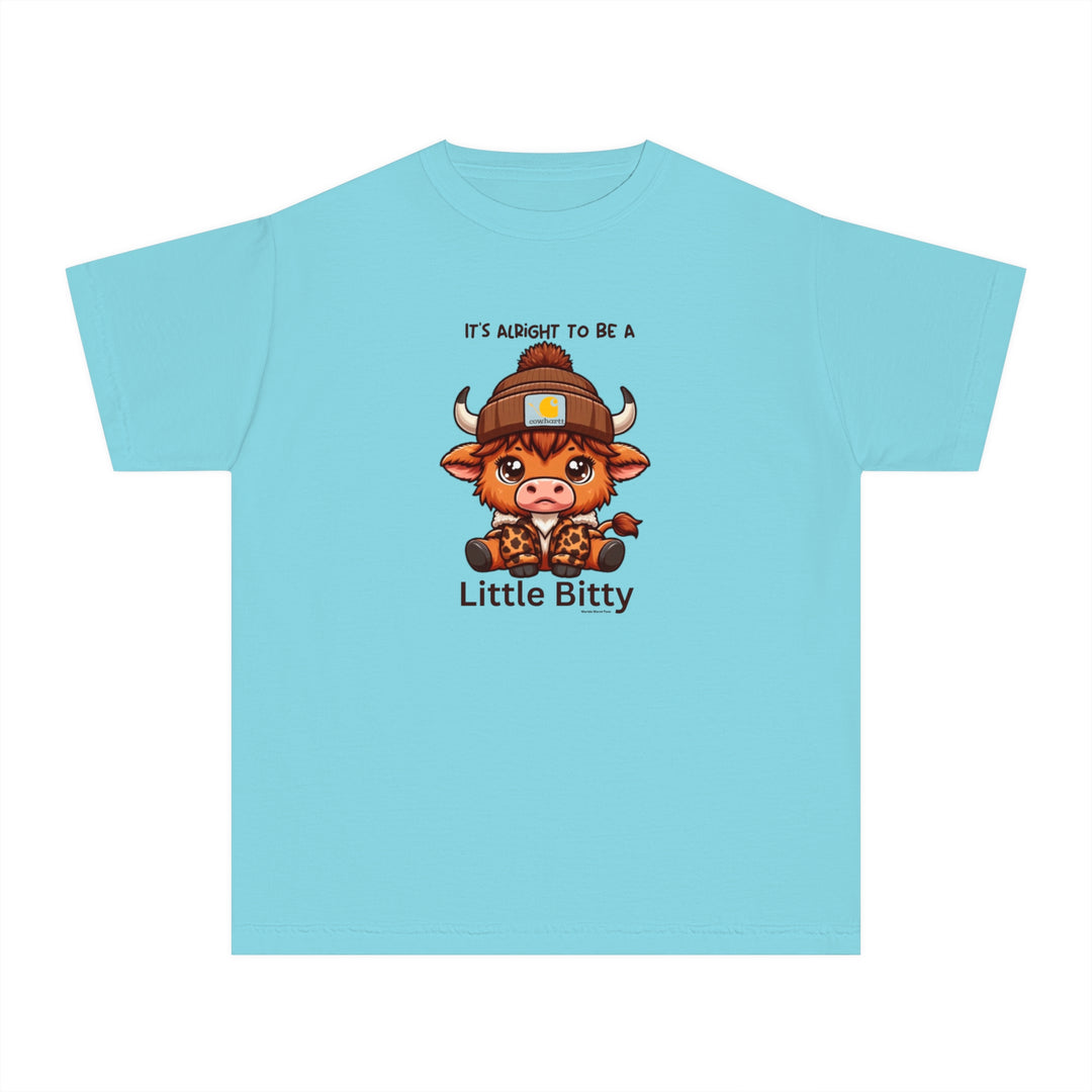 A Little Bitty Kids Tee featuring a cartoon cow on a blue shirt. Ideal for active kids, made of soft combed cotton for comfort and agility. Classic fit for all-day wear.