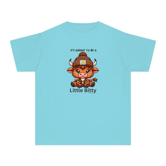 A Little Bitty Kids Tee featuring a cartoon cow on a blue shirt. Ideal for active kids, made of soft combed cotton for comfort and agility. Classic fit for all-day wear.
