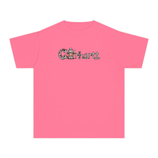 Cowhartt Cow Kids Tee: A pink t-shirt with a cow logo, perfect for active kids. 100% combed ringspun cotton, soft-washed, and garment-dyed for comfort. Classic fit for all-day wear.
