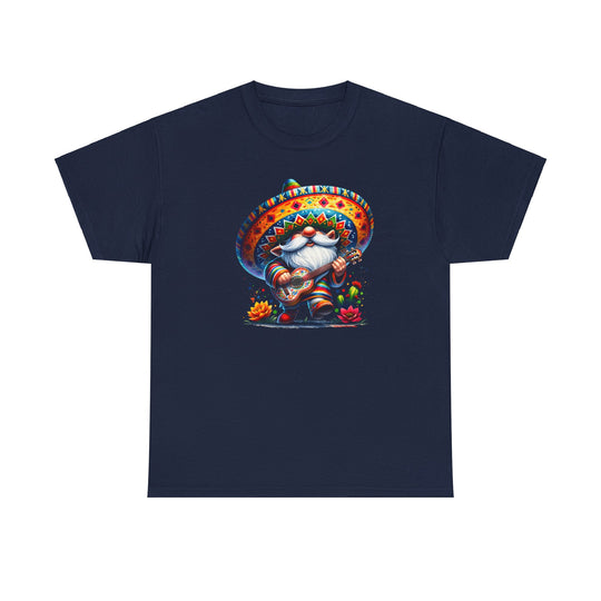 Mexican Gnome Tee: Unisex cotton t-shirt with gnome playing guitar design. Classic fit, tear-away label, and ethically sourced US cotton. Perfect for casual style.