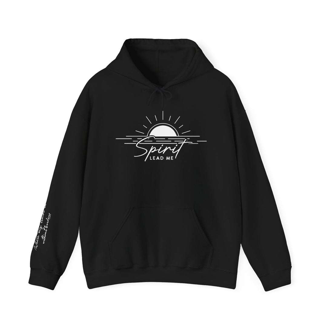 Spirit Lead Me Hoodie: A black unisex heavy blend hooded sweatshirt with white text. Made of cotton and polyester for warmth and comfort. Features a kangaroo pocket and matching drawstring. Classic fit, tear-away label.