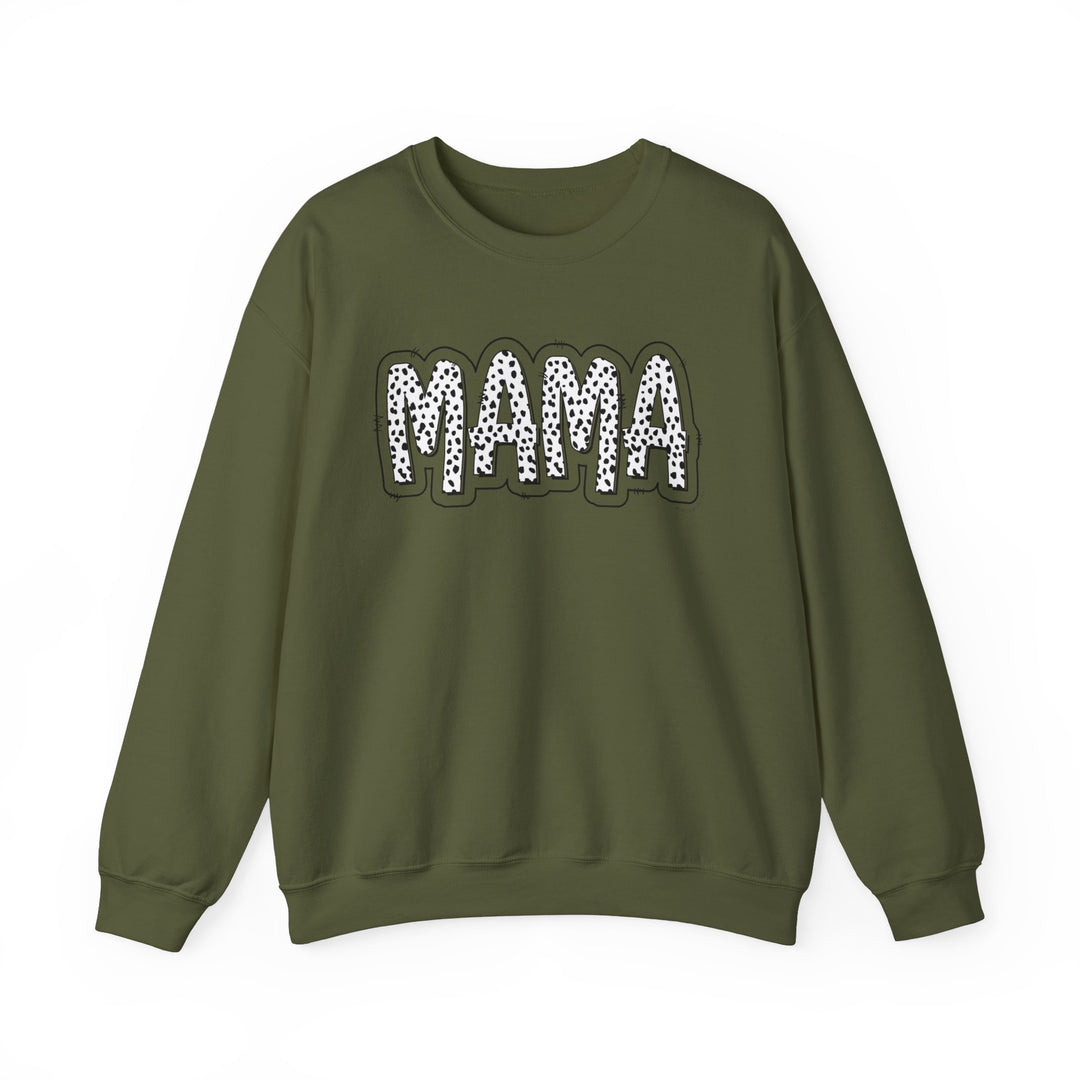 A unisex heavy blend crewneck sweatshirt featuring a Mama Print design. Made of 50% Cotton 50% Polyester, ribbed knit collar, and no itchy side seams. Medium-heavy fabric, loose fit, true to size.