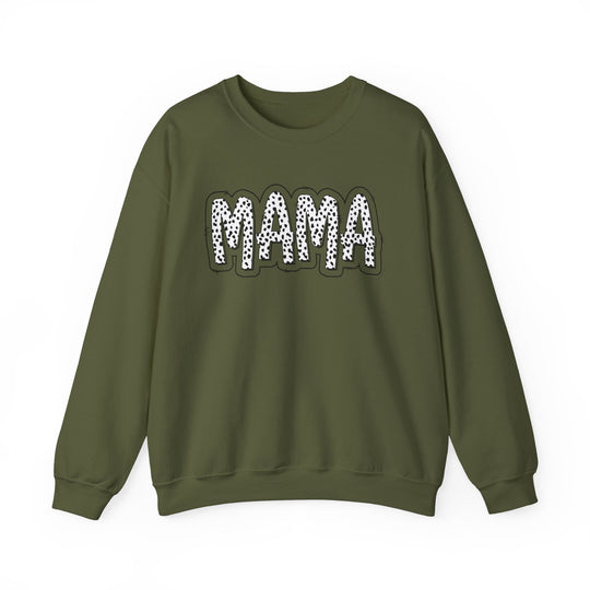 A unisex heavy blend crewneck sweatshirt featuring a Mama Print design. Made of 50% Cotton 50% Polyester, ribbed knit collar, and no itchy side seams. Medium-heavy fabric, loose fit, true to size.