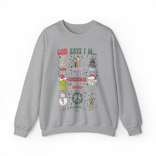 Unisex God Says I'm Crew sweatshirt with various designs: cartoon characters, Santa Claus, snowman, peace sign. Comfortable blend of polyester and cotton, ribbed knit collar, no itchy side seams.