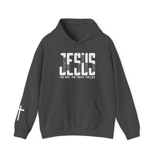 A black Jesus Hoodie sweatshirt with white text, featuring a kangaroo pocket and matching drawstring. Unisex, made of 50% cotton and 50% polyester, offering warmth and comfort for cold days.