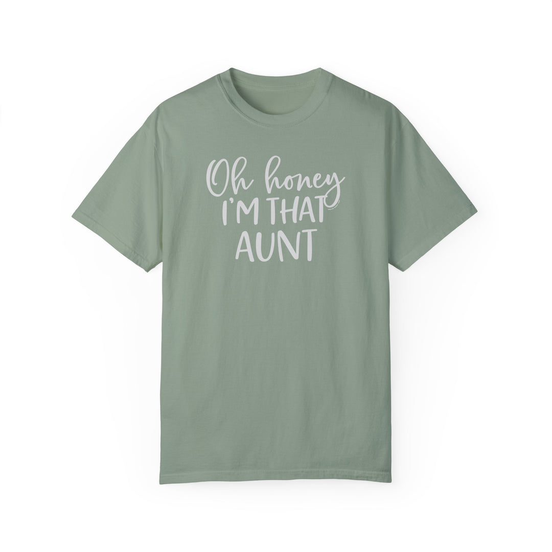 Aunt-themed tee in green with white text. 100% ring-spun cotton, garment-dyed for coziness. Relaxed fit, durable double-needle stitching, no side-seams for tubular shape. From 'Worlds Worst Tees'.