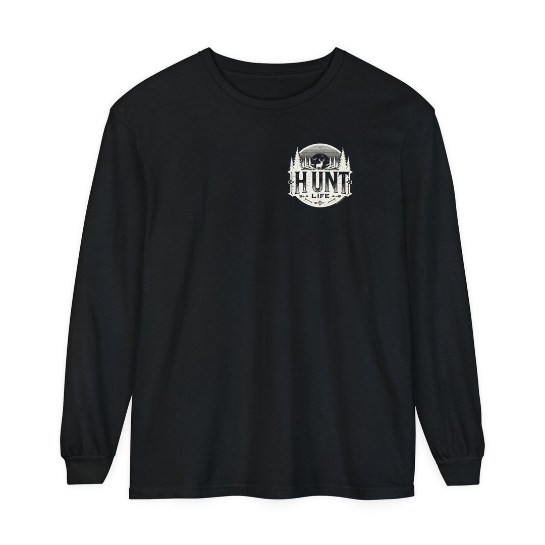 A black long-sleeve Turkey Hunting Tee in classic fit, featuring a deer logo on soft ring-spun cotton. Garment-dyed fabric, relaxed fit, and sewn-in twill label for comfort and style.