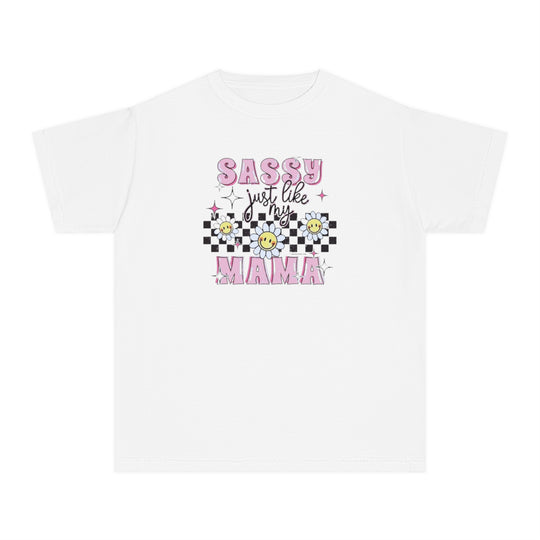 Kid's tee with pink and black text and floral design, Sassy Like My Mama. Made of soft 100% combed ringspun cotton for comfort and agility. Classic fit, perfect for all-day wear. Ideal for active kids.