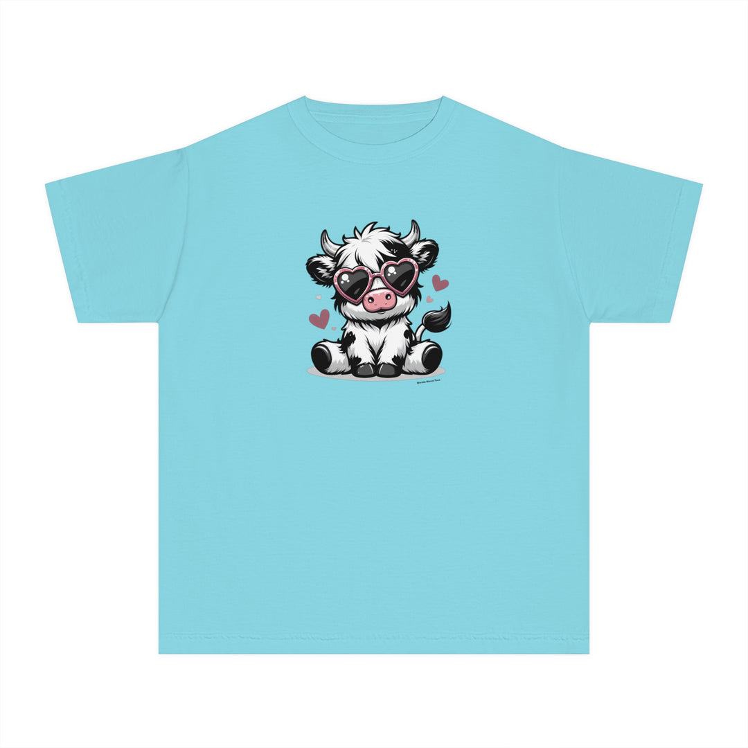 A kids' tee featuring a cute cartoon cow in sunglasses, designed for comfort and play. Made of soft 100% cotton, light fabric, and a classic fit for all-day wear. From Worlds Worst Tees.