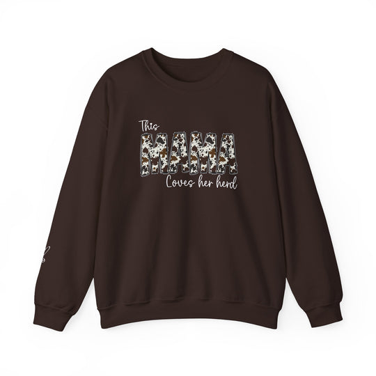 A Mama Herd Crew unisex heavy blend crewneck sweatshirt in brown with white text. Made of 50% cotton, 50% polyester, ribbed knit collar, no itchy side seams, loose fit, medium-heavy fabric.