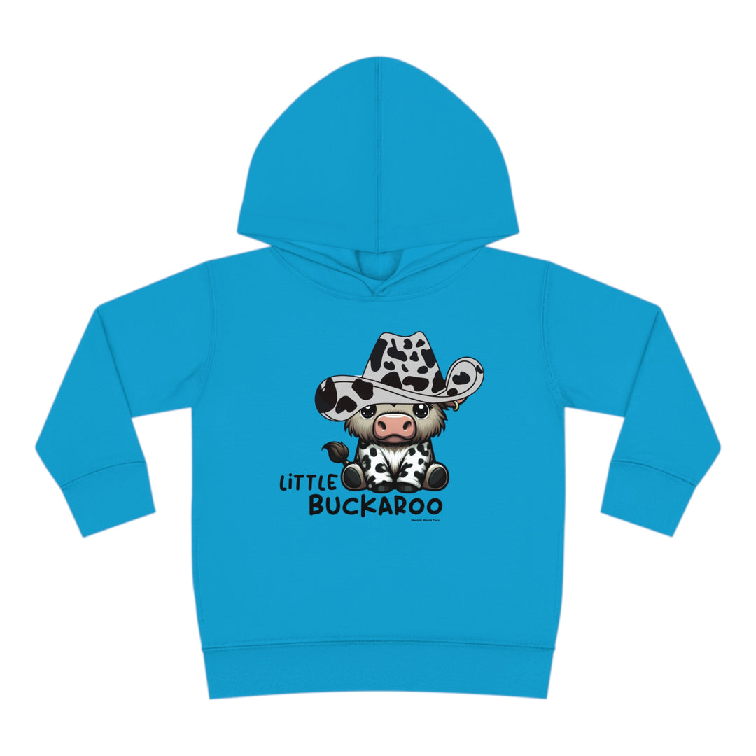 Toddler hoodie featuring a cow in a cowboy hat design, perfect for long-lasting coziness. Jersey-lined hood, cover-stitched details, and side seam pockets ensure durability and comfort. From Worlds Worst Tees.