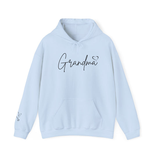 A cozy Grandma Love Hoodie in light blue with black text, featuring a kangaroo pocket and matching drawstring. Unisex, made of 50% cotton and 50% polyester for warmth and comfort.