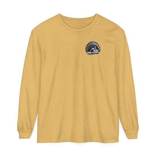 A classic fit long-sleeve shirt in yellow, featuring a turkey design. Made of 100% ring-spun cotton for softness and comfort. Ideal for casual wear. From Worlds Worst Tees.