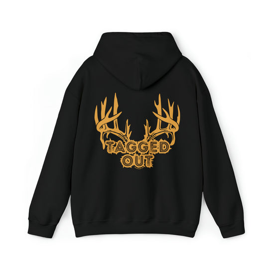 A black hooded sweatshirt with yellow antlers, a kangaroo pocket, and drawstring. Unisex heavy blend of cotton and polyester, 50% each. Classic fit, tear-away label, no side seams. Ideal for printing.