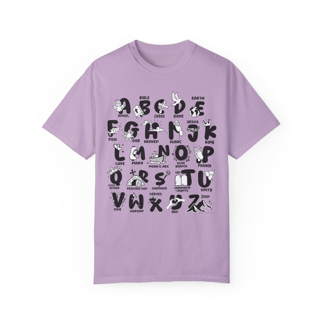 Relaxed fit Bible Alphabet Tee in purple, 100% ring-spun cotton. Soft-washed, garment-dyed fabric for coziness. Double-needle stitching for durability, no side-seams for shape retention. Sizes: S-3XL.